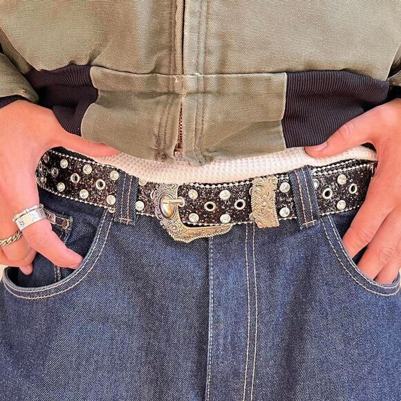 black rhinestone studded american western cowboy boho belt - Picture 4 of 7